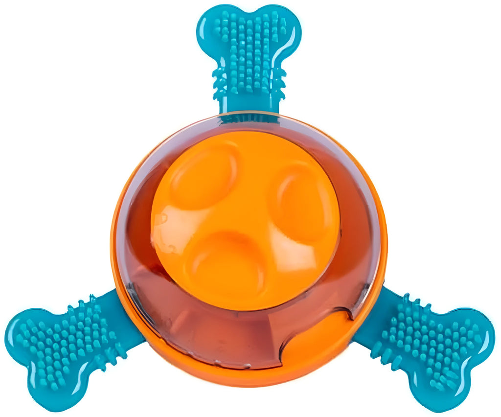 Blue interactive dog slow feeder puzzle toy with rubber bones for small and medium puppies.