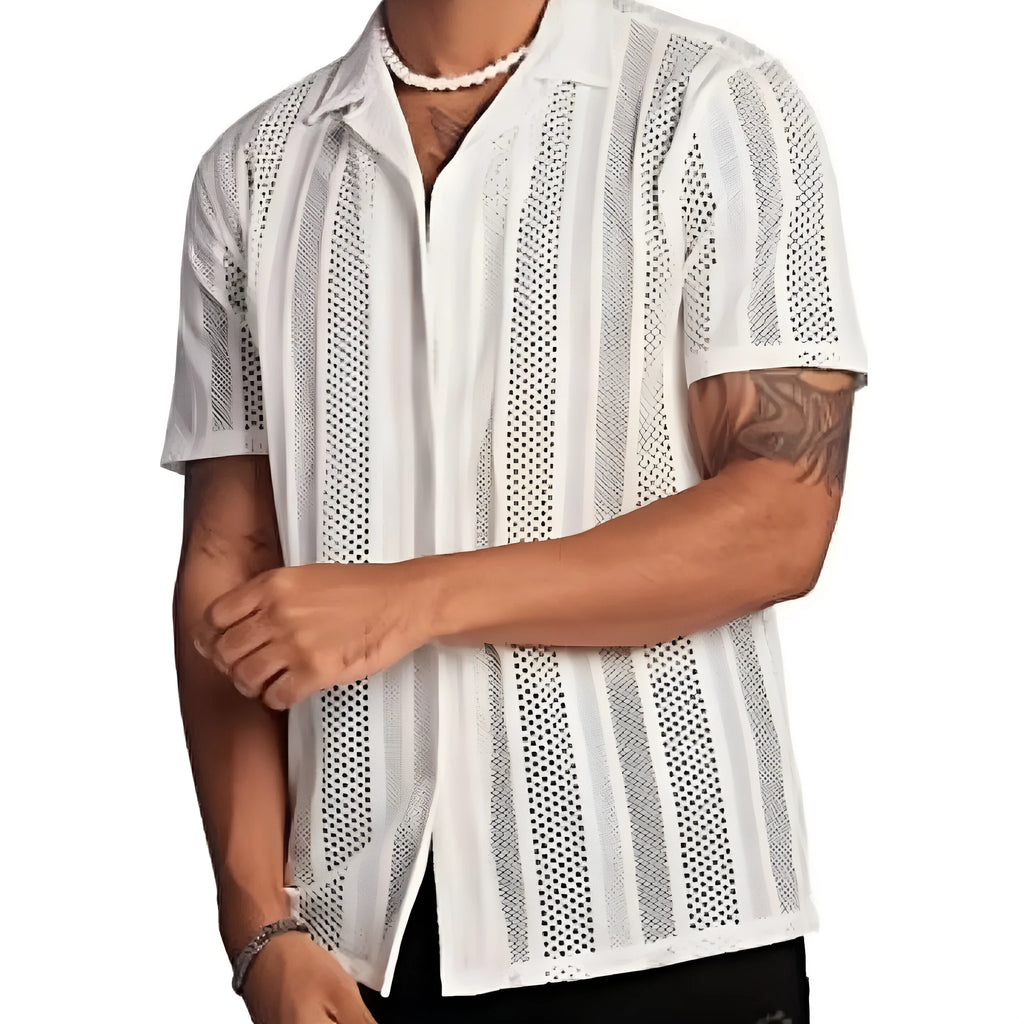Men's black and white jacquard knitted short-sleeved cardigan shirt with button front