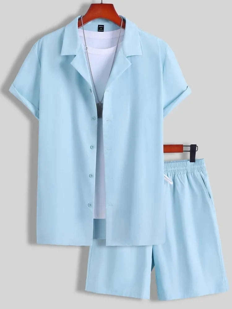 Men's Cuban collar sport suit with short sleeve top and matching shorts in lightweight polyester fabric