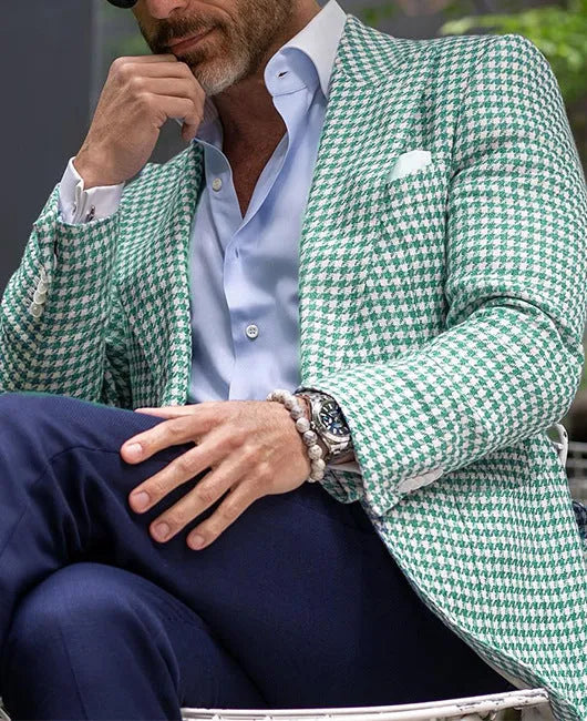 Men's British style slim fit suit jacket with two-button design and top-stitched pockets