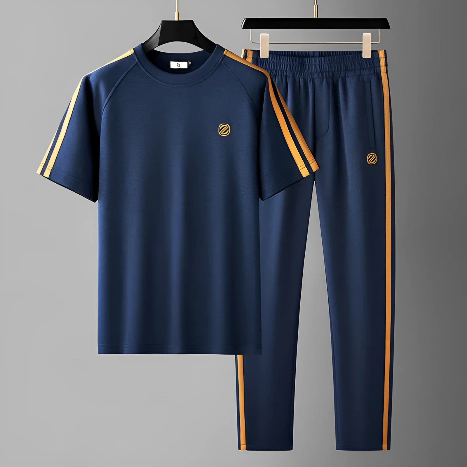 Men's blue ice silk style short sleeve suit set with top and pants for sports.