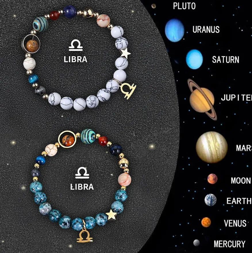 Two natural stone beaded bracelets showing different zodiac sign designs on an adjustable cord.