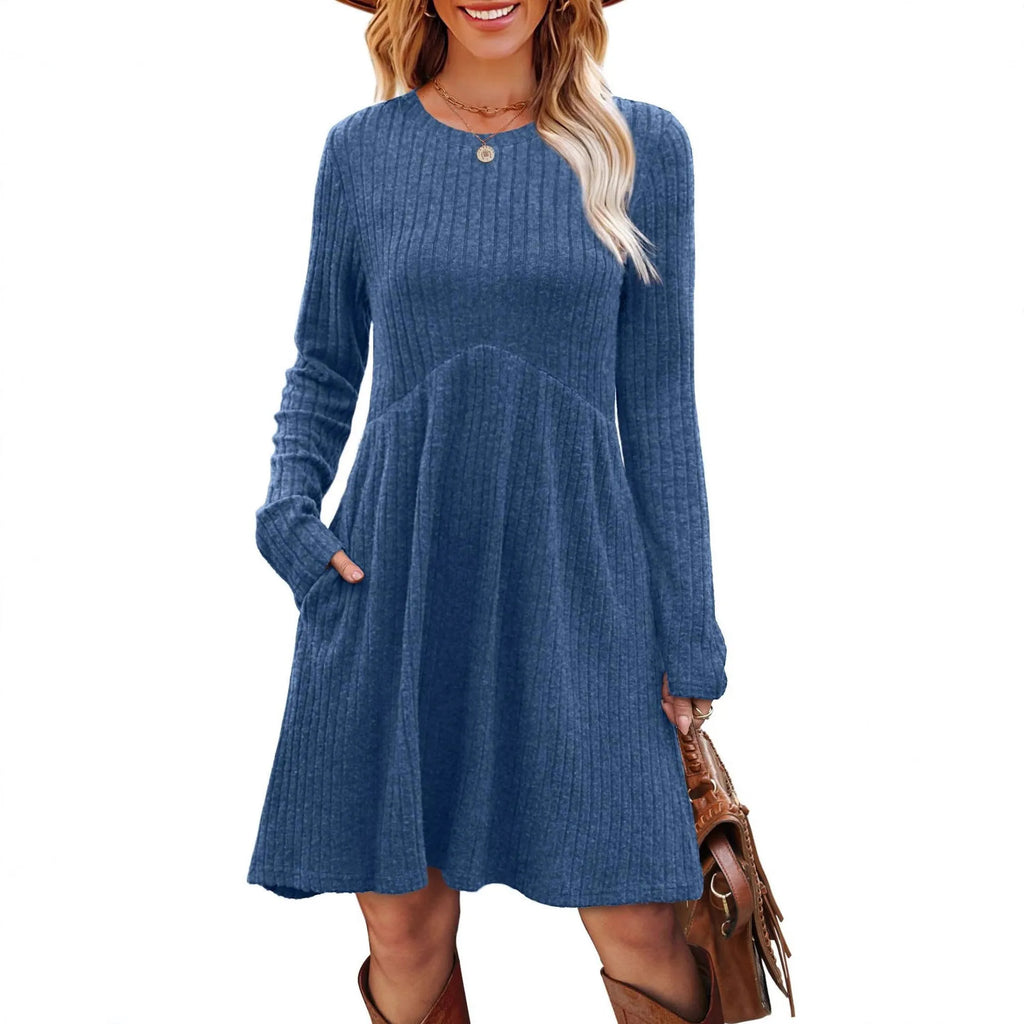 Women's bohemian brushed sunken stripe dress in solid colour, princess mid-length skirt, wide waist, available in multiple colours