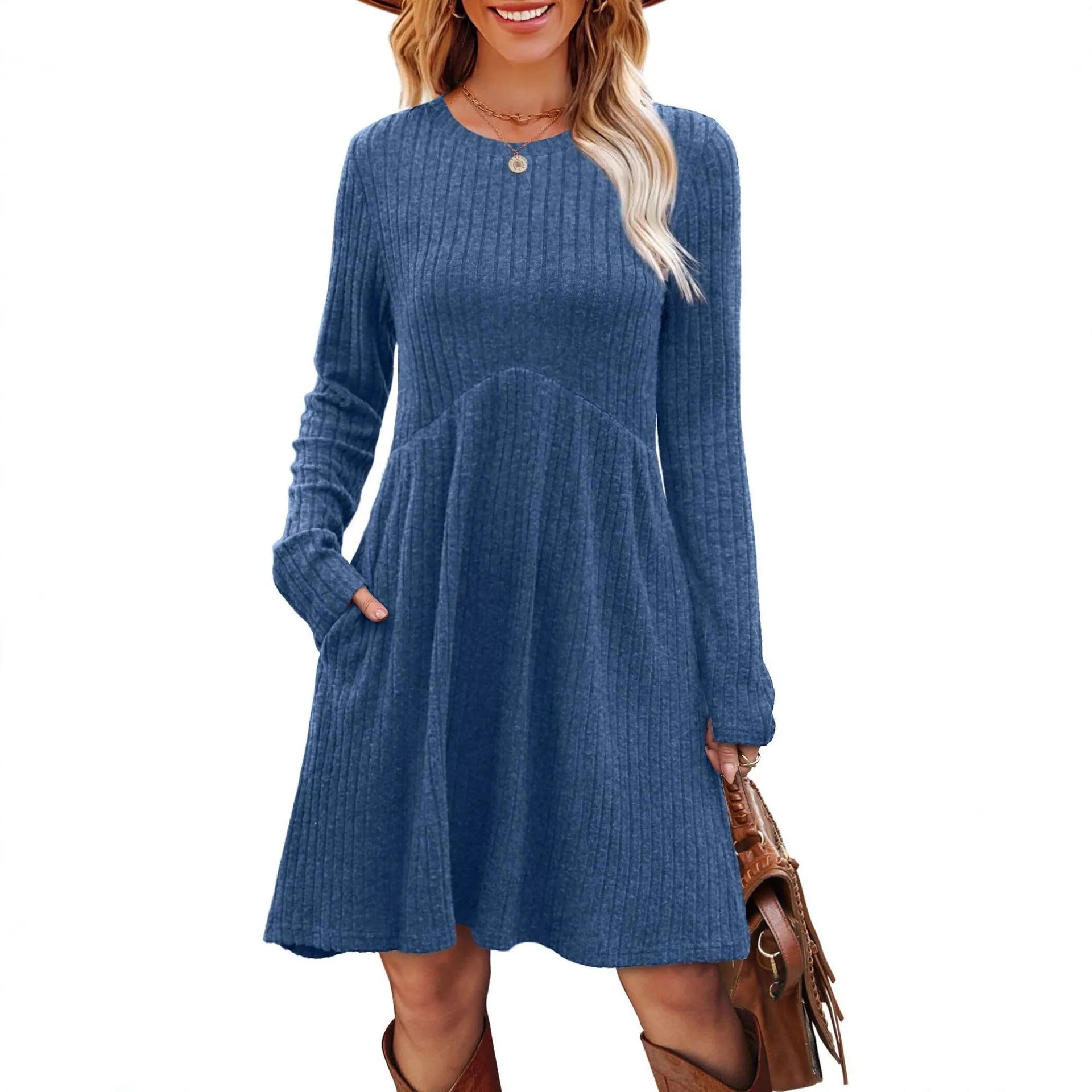 Women's bohemian brushed sunken stripe dress in solid colour, princess mid-length skirt, wide waist, available in multiple colours