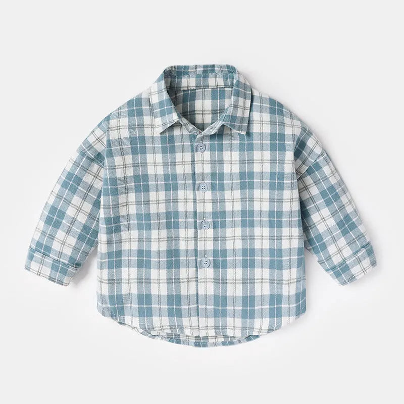 Boys' long sleeve cotton shirt with lattice pattern in khaki, light blue, pink or yellow colours