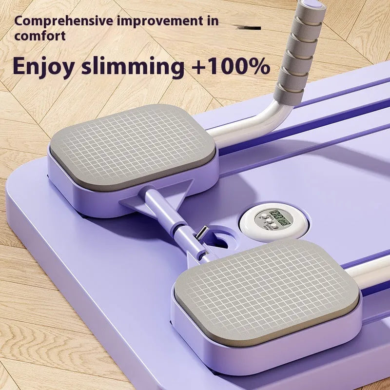 Standard purple automatic rebound abdominal wheel fitness board on floor demonstrating exercise position