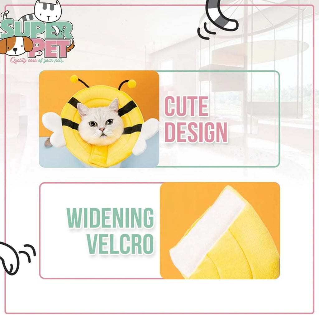 Soft cat cone collar with bee design for post-surgery protection in adjustable sizes