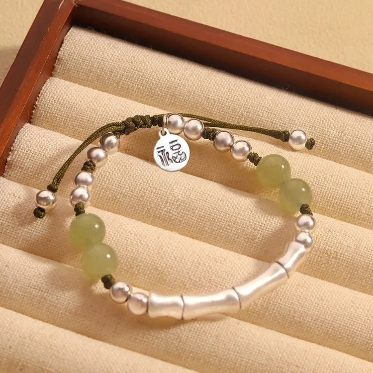 Handmade bamboo bracelet with green Hetian jade beads and 925 silver beads, lotus seedpod design