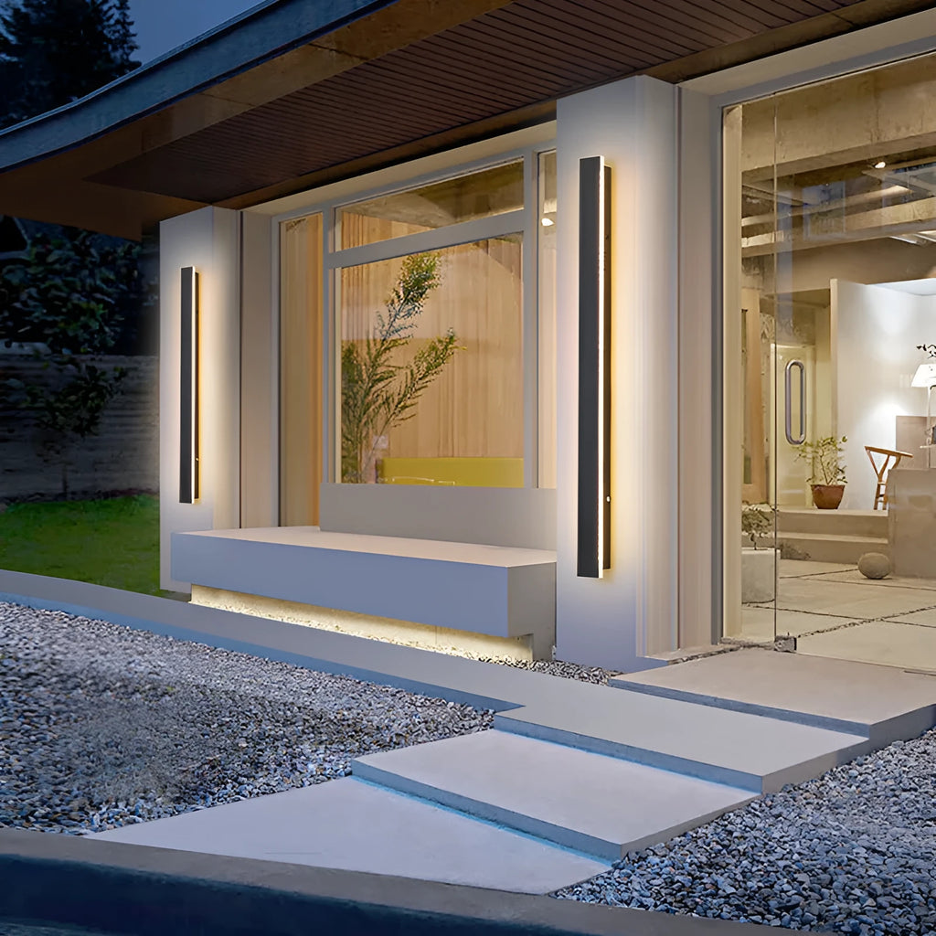 150cm long straight outdoor LED wall lamp with black wrought iron shell and warm white light.