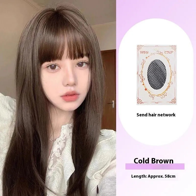 Black long straight synthetic wig with full bang fringe on mannequin head, showing brown-black colour option