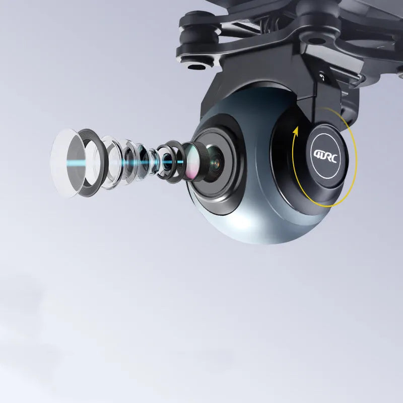 GPS quadrocopter drone with dual cameras, remote controller, spare blades, and landing gear on white background