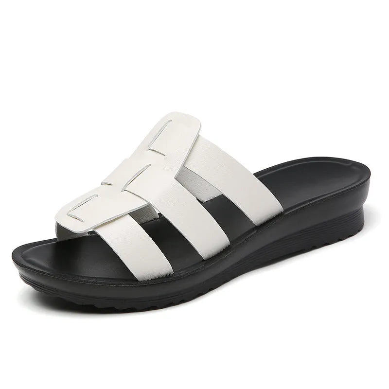 Women's large size soft sole slippers in beige, black and brown colours with flat bottom design
