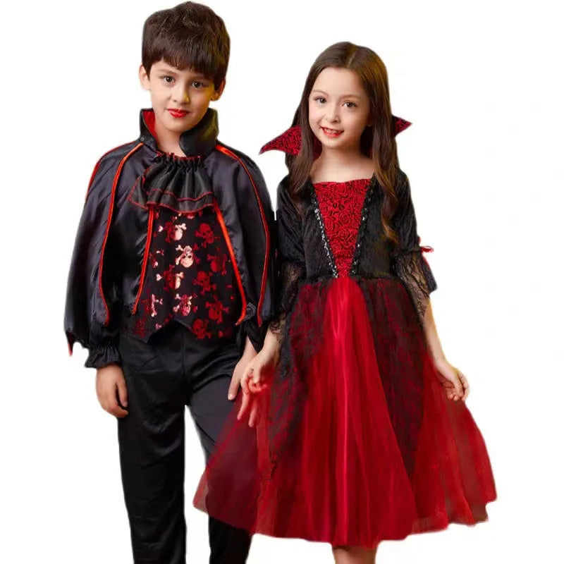 Unisex children's Halloween witch costume suit with cape and free headdress, polyester blend fabric, available in sizes 90-170cm