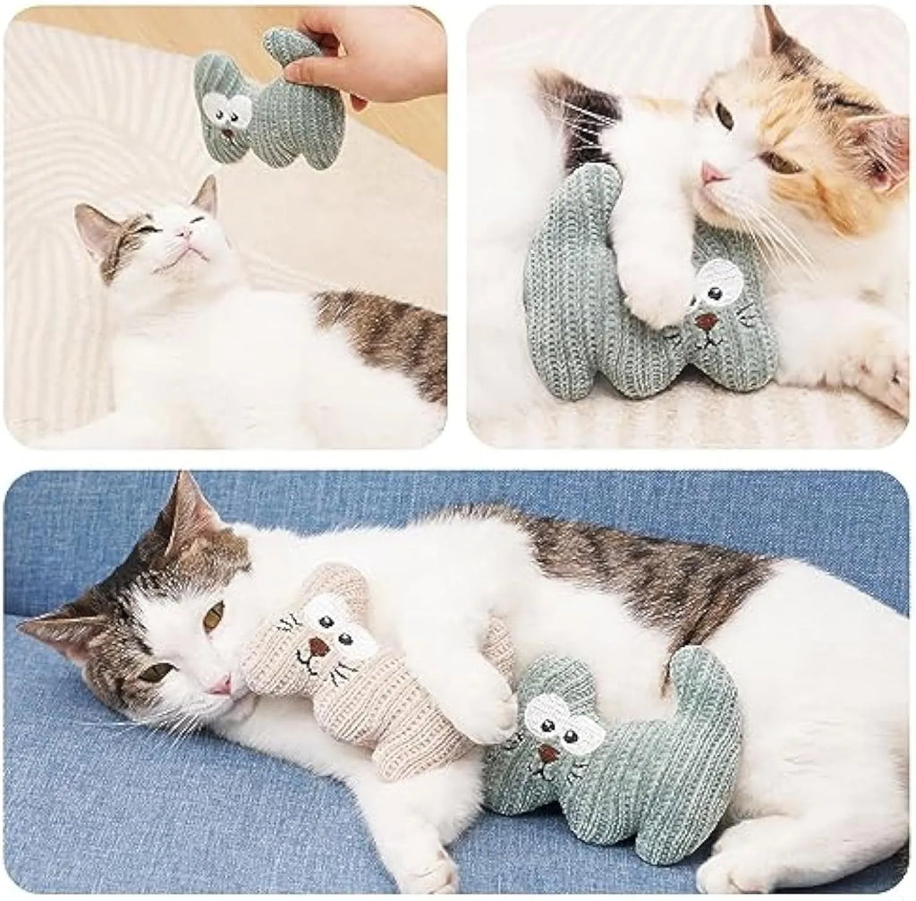 Cyan knitted plush cat toy with bell and organic catnip filling on a white background.