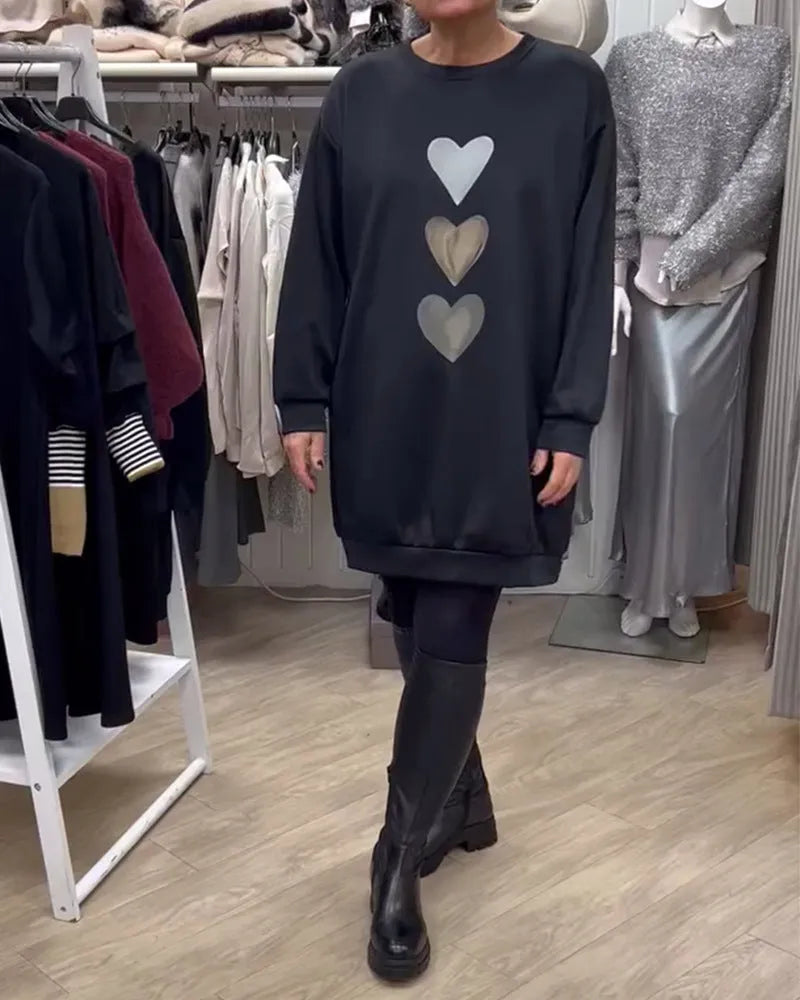 Love print round neck long sleeve casual pullover sweater with oversized swing skirt in red
