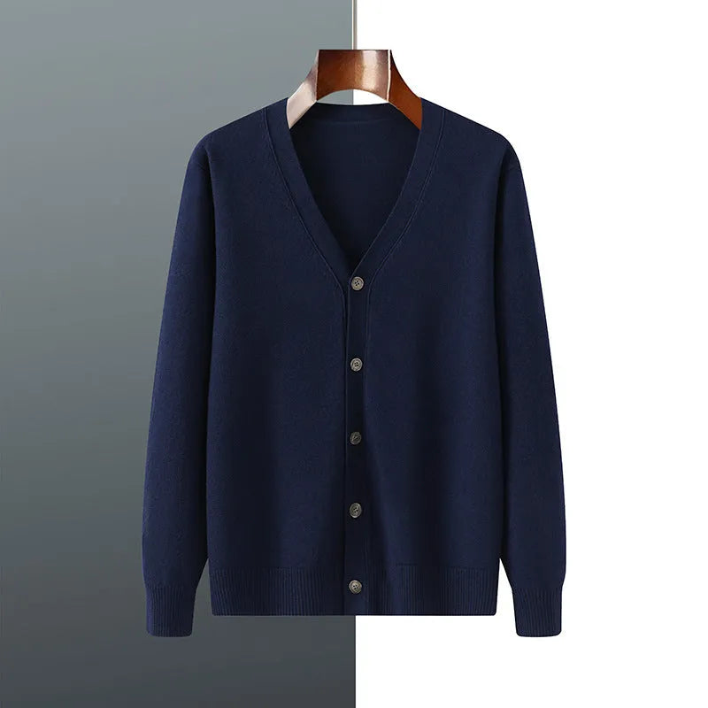 Men's loose-fit Andy velvet cardigan coat in dark blue with V-neck and long sleeves.