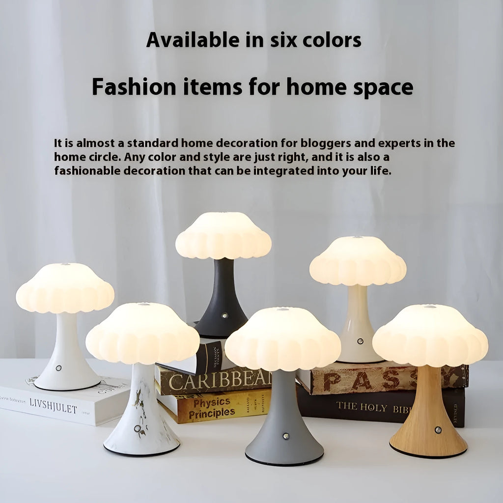 Mushroom-shaped touch control night light with USB charging port in five colour options