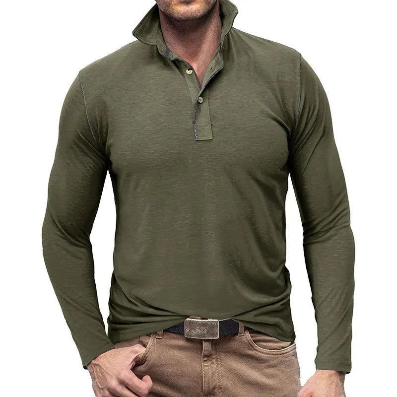 Men's Henley shirt in slub cotton blend with buttoned lapel collar, long sleeves, in army green colour
