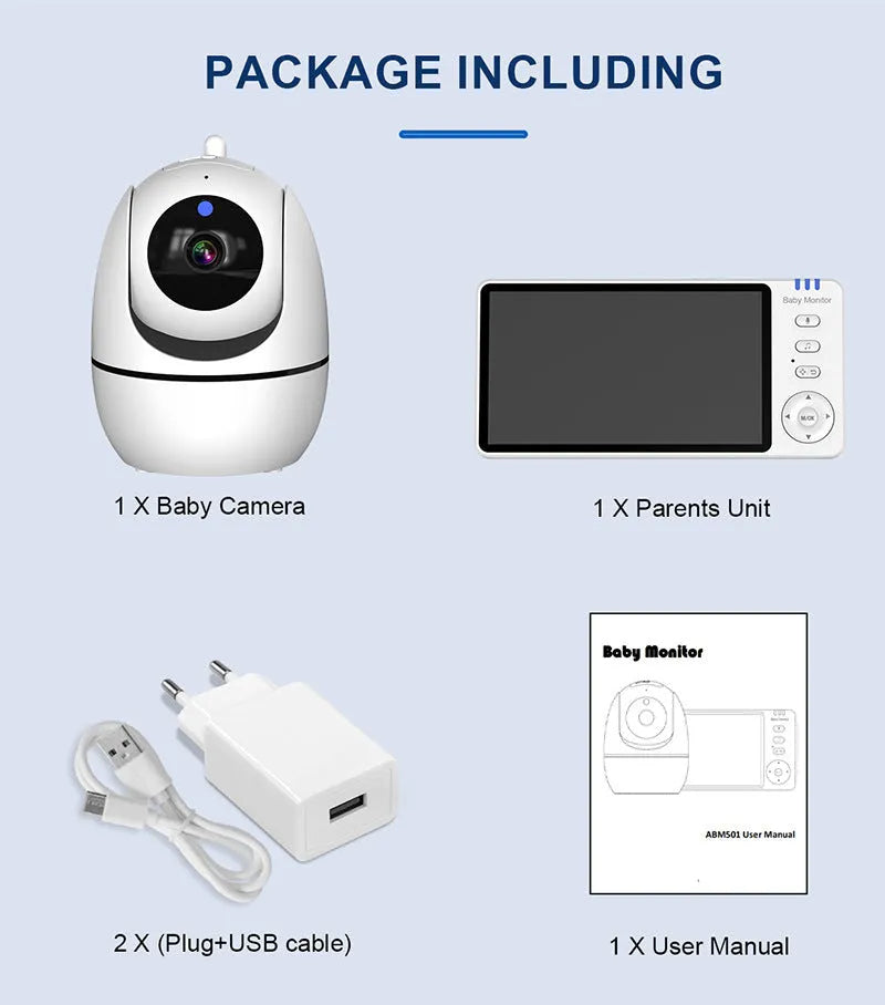 White wireless baby monitor with 5-inch HD screen showing nursery camera footage