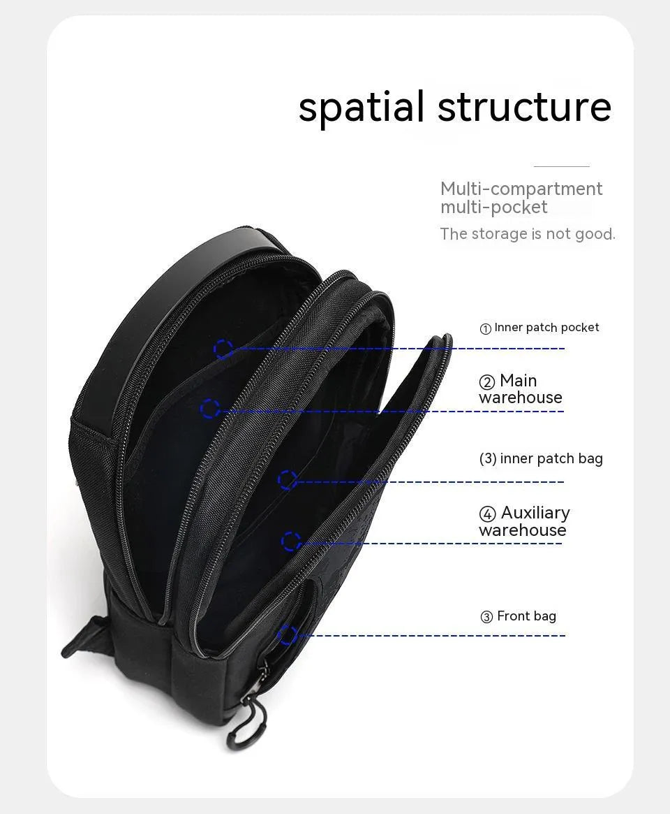 Casual black TPU chest pack with landscape pattern, soft handle, and single shoulder strap showing internal mobile phone pocket