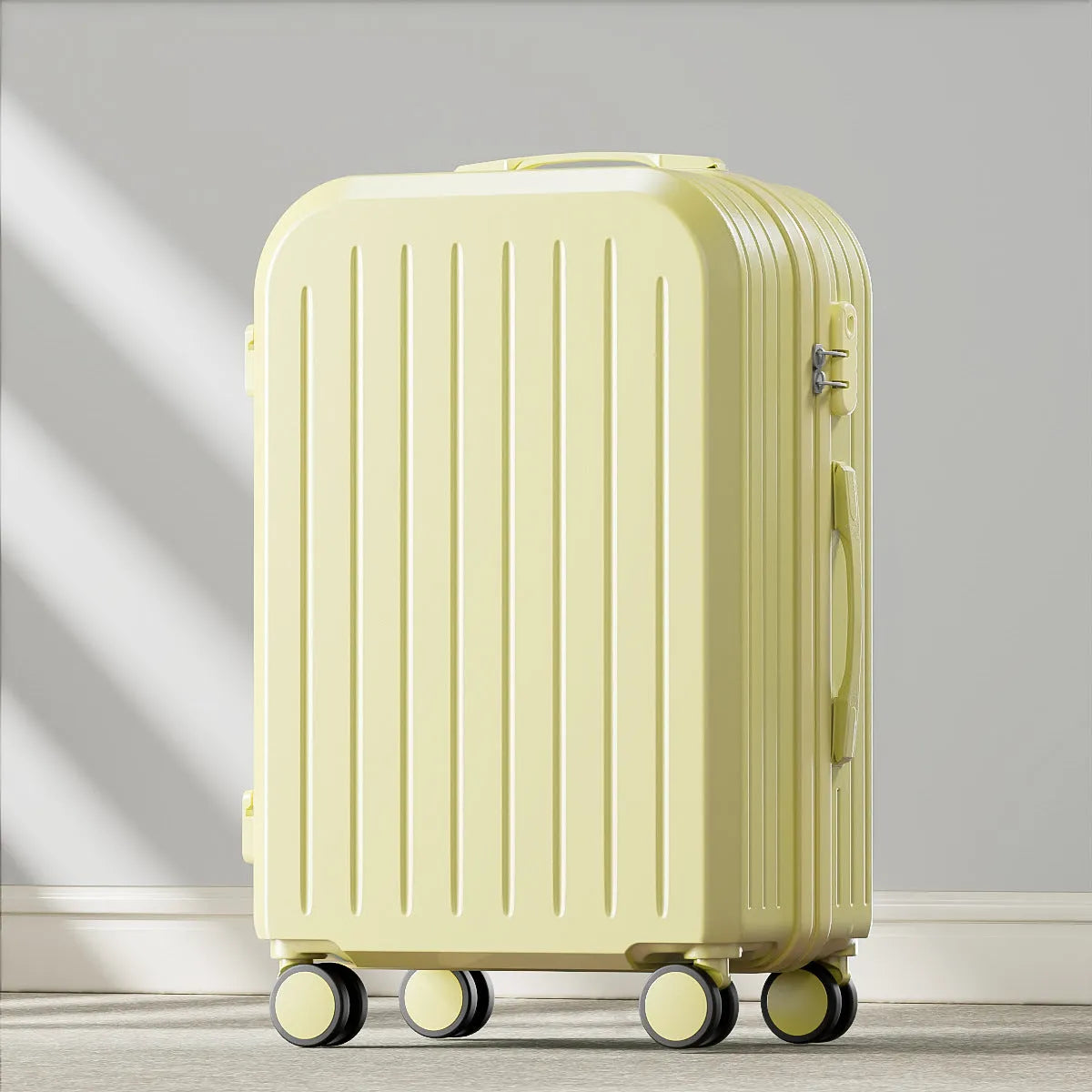 Small lightweight password suitcase trolley case with striped pattern and universal wheels in multiple colours