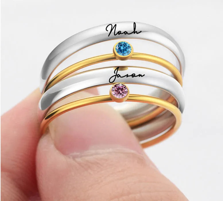 December colour birthstone engraved titanium steel ring with gold electroplated handle in geometry shape