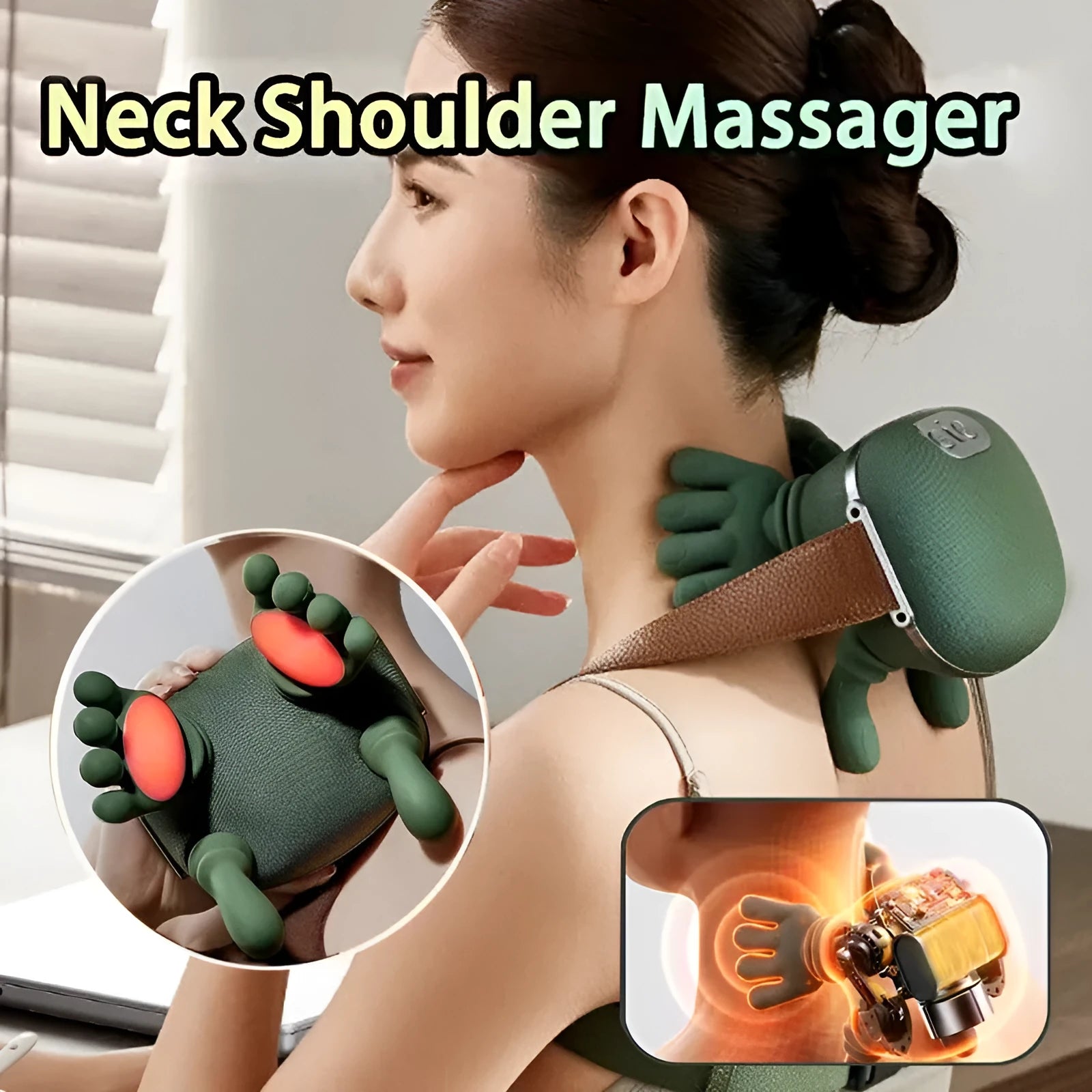 Electric neck and shoulder massager in moss green with 4D kneading and heat, cordless design