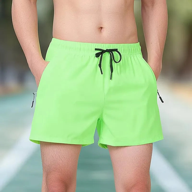 Black polyester fitness shorts with high waist and drawstring closure for men's training