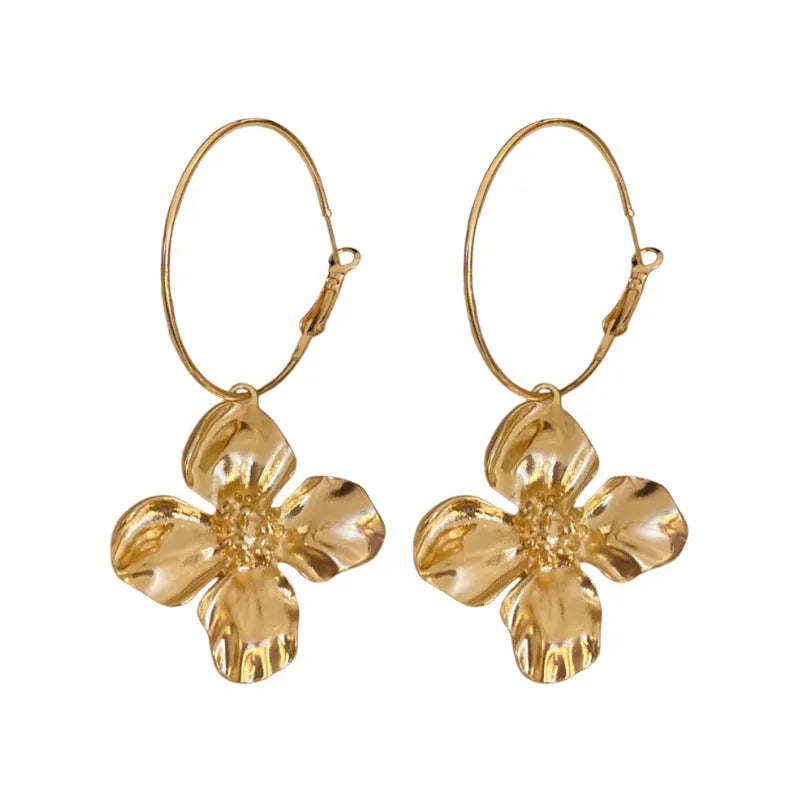 Silver needle metal flower earrings with geometry design in gold or silver electroplated finish