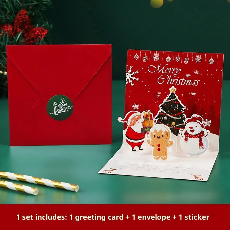 Three-dimensional blessing greeting card in fresh style, handmade from cardboard, with fold design on a flat surface