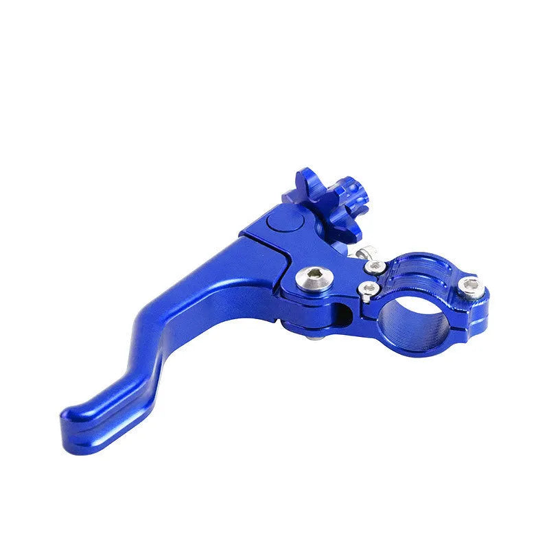 Aluminium motorcycle clutch lever in a selection of eight colours including red, black, silver, and gold.
