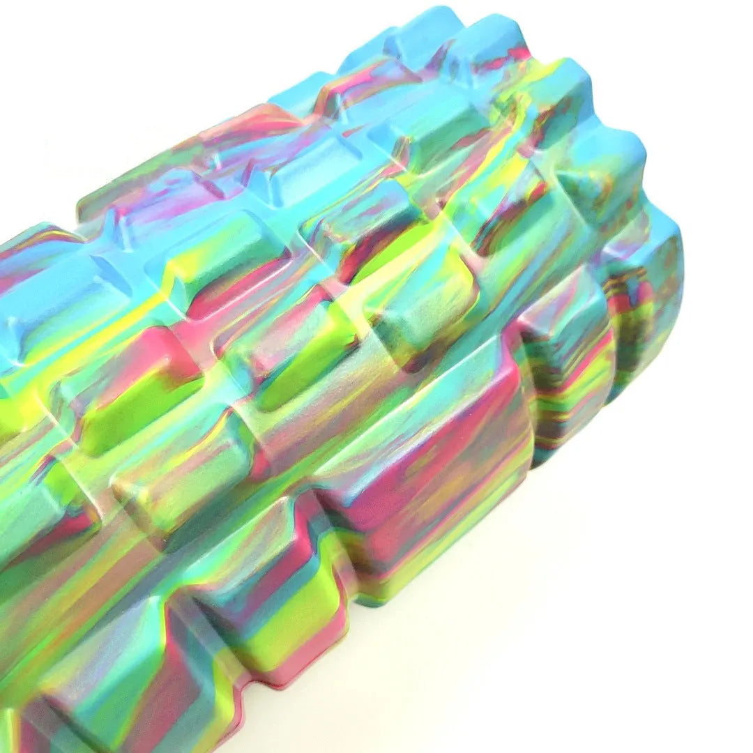 33cm camouflage pattern EVA foam roller in blue green yellow colour shown on gym floor
