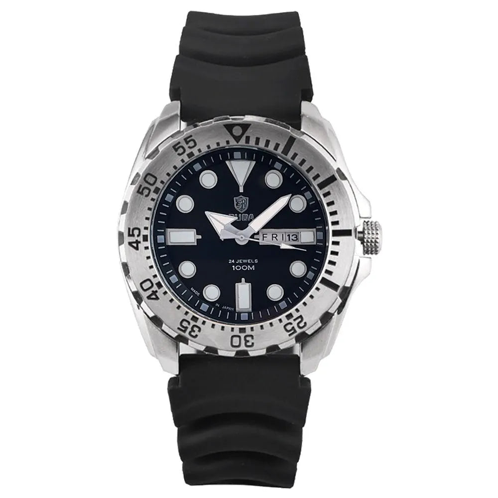 Waterproof men's sports watch with luminous quartz movement showing blue dial and steel strap option