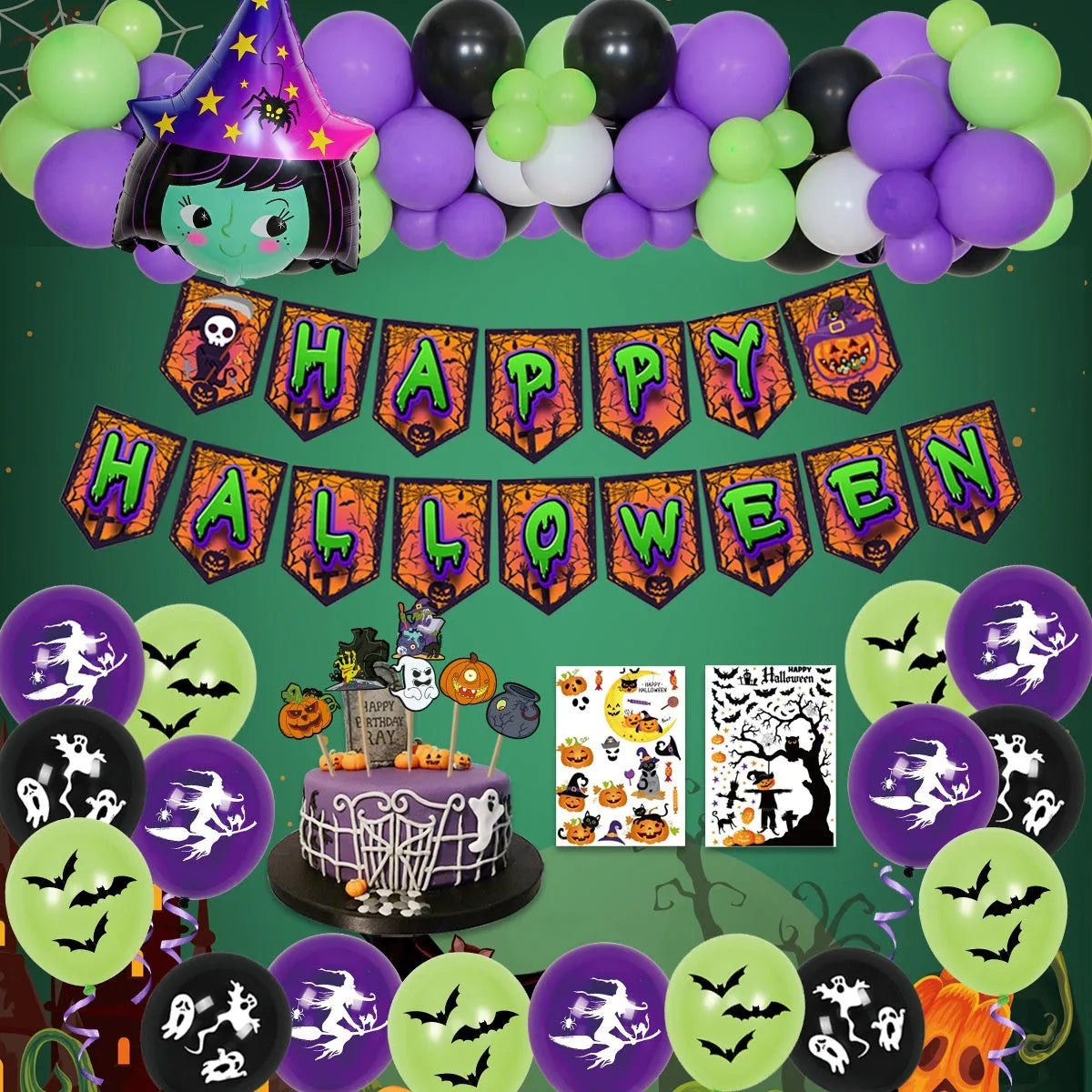Halloween spider balloon arch decoration set with white and black latex balloons showing skull, pumpkin, and spider designs