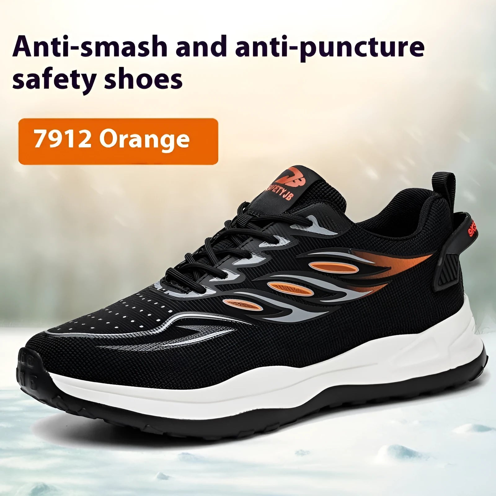 Leather anti-smash and puncture resistant safety work shoes in orange, grey, green, and yellow.
