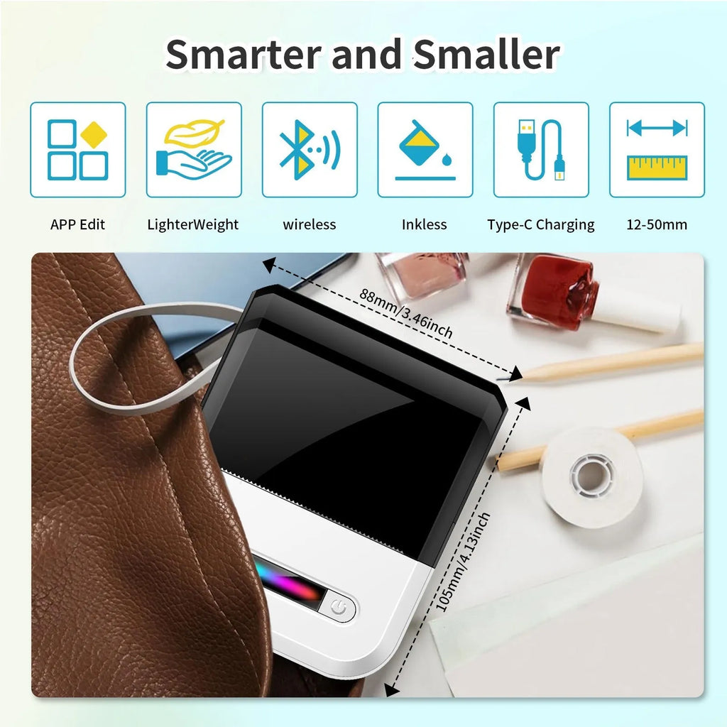 Compact portable wireless Bluetooth thermal printer for self-adhesive labels in Black on a desk