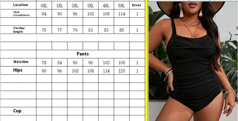 Plus size women's one-piece solid black swimsuit made from breathable polyester with spandex lining
