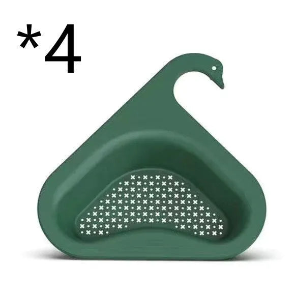 Yellow hanging swan drain basket made of plastic, fitted on a kitchen sink edge with space for vegetables and utensils