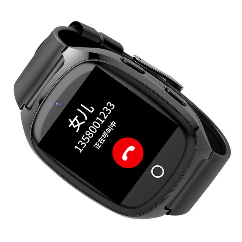 Black GPS tracker smartwatch for kids with a 1.54-inch touch screen on a wrist.