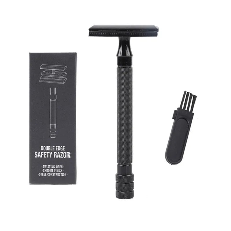 Traditional manual shaving razor and brush combination set in metal construction
