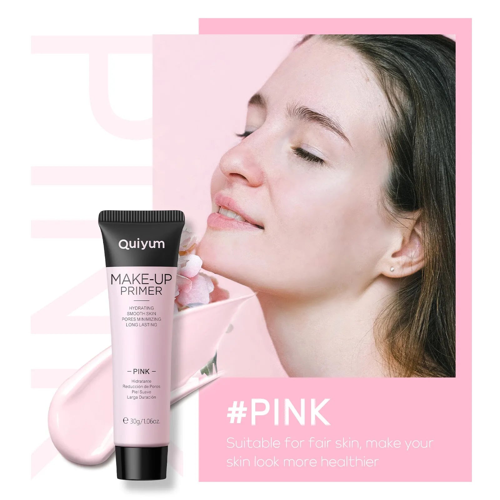 Colour-correcting moisturising makeup primer in 30g container with green, pink, and purple shade options