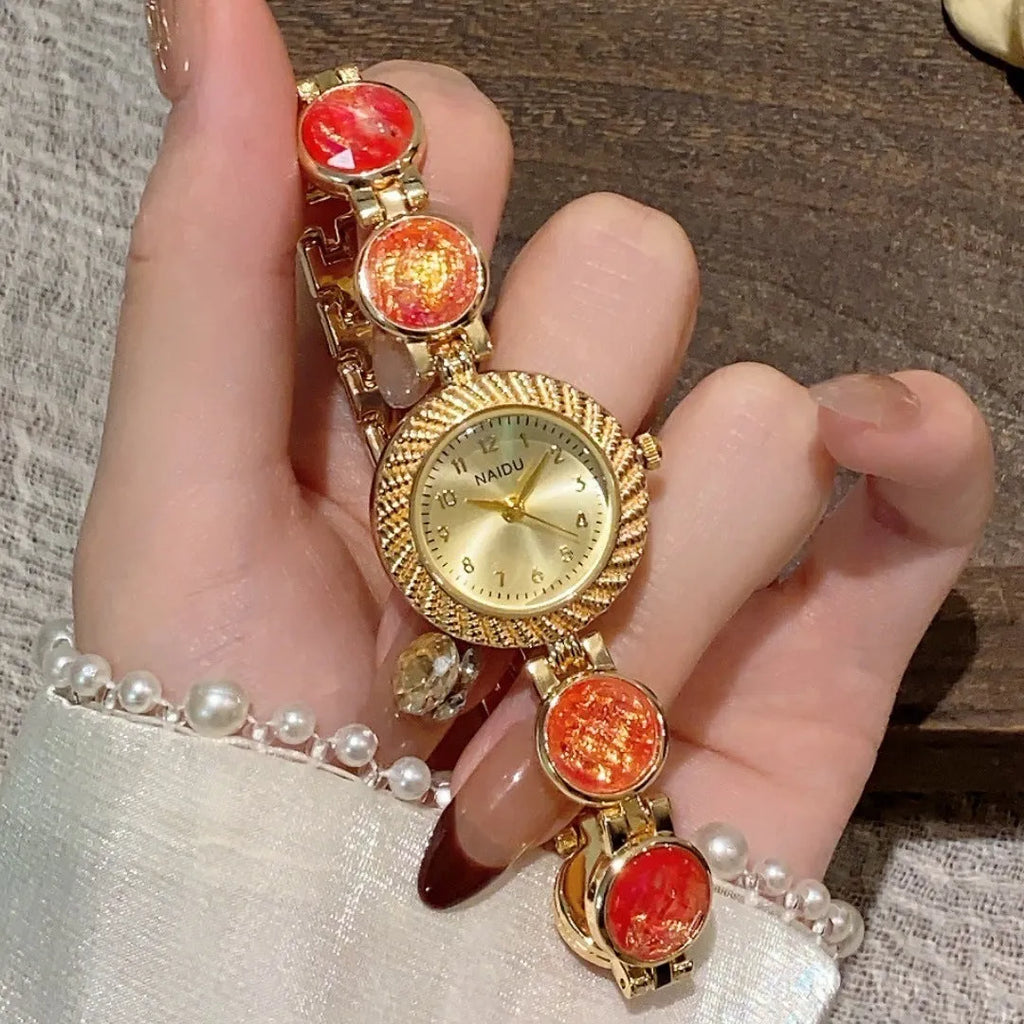 Women's quartz watch with 25mm round dial in six colour options including milky white and dark green