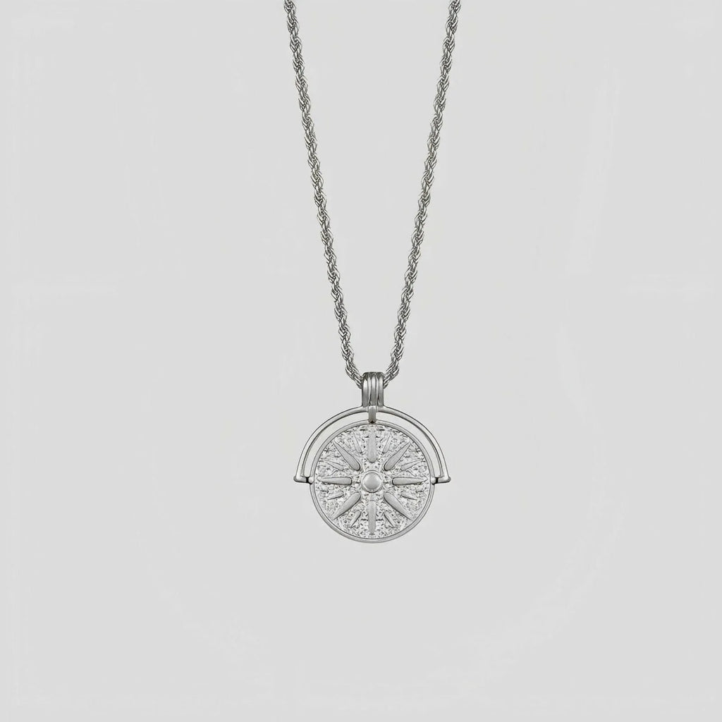 Stainless steel sunflower pendant necklace with geometric embossed design on adjustable 41-50cm chain