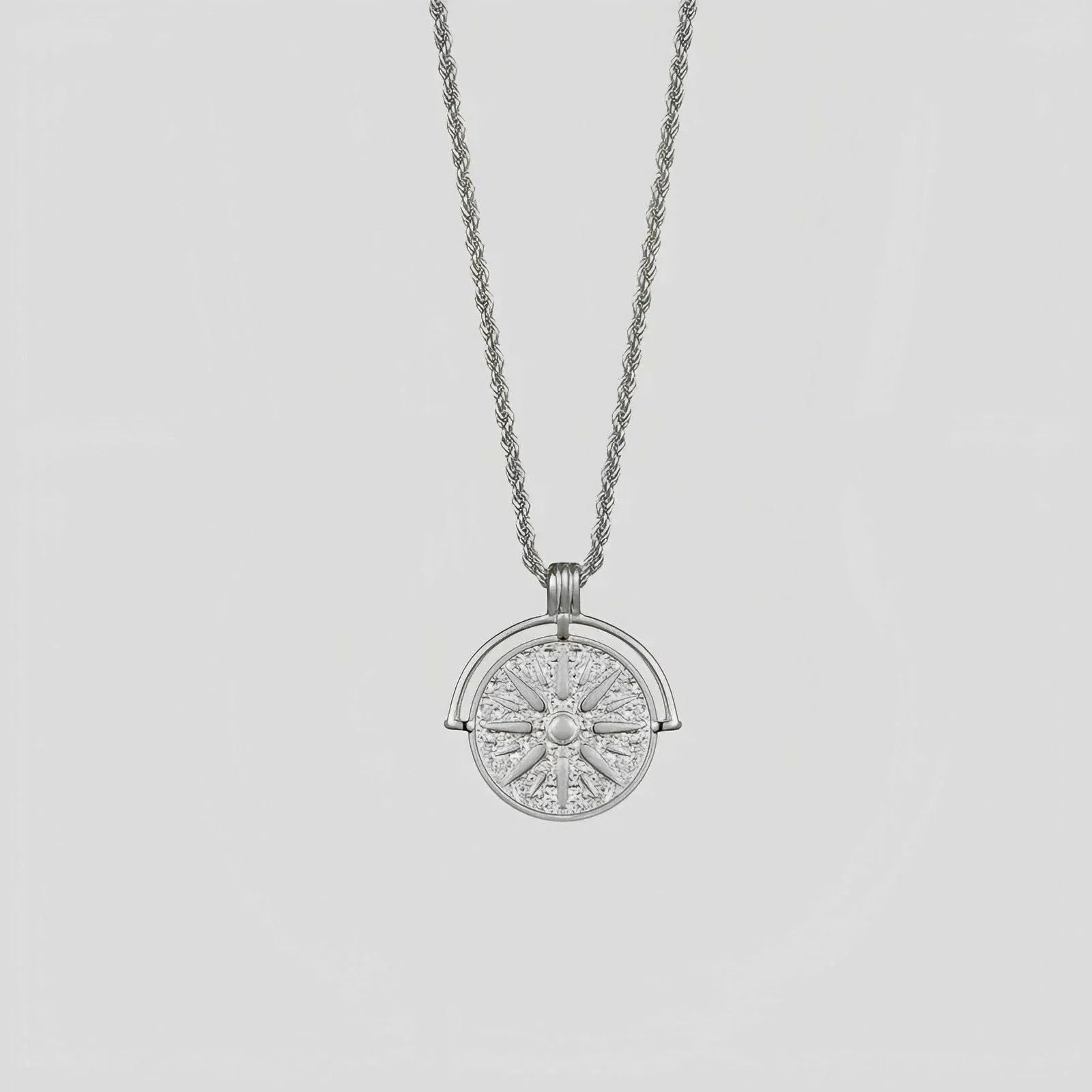 Stainless steel sunflower pendant necklace with geometric embossed design on adjustable 41-50cm chain