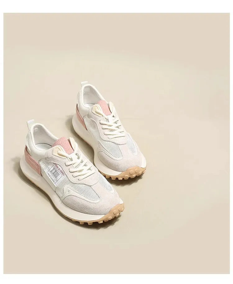 Women's grey and pink retro sneakers with mesh lining and rubber soles, low-top design