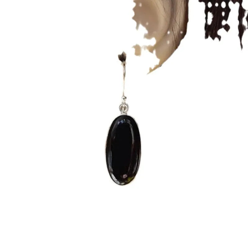 Women's geometric earrings with black oval agate pendant and 925 silver electroplated finish