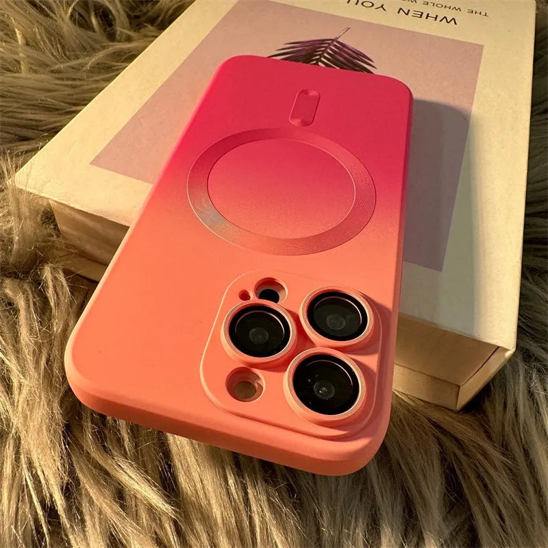 Liquid silicone two-tone gradient magnetic phone case for iPhone 15 series in blue green colour