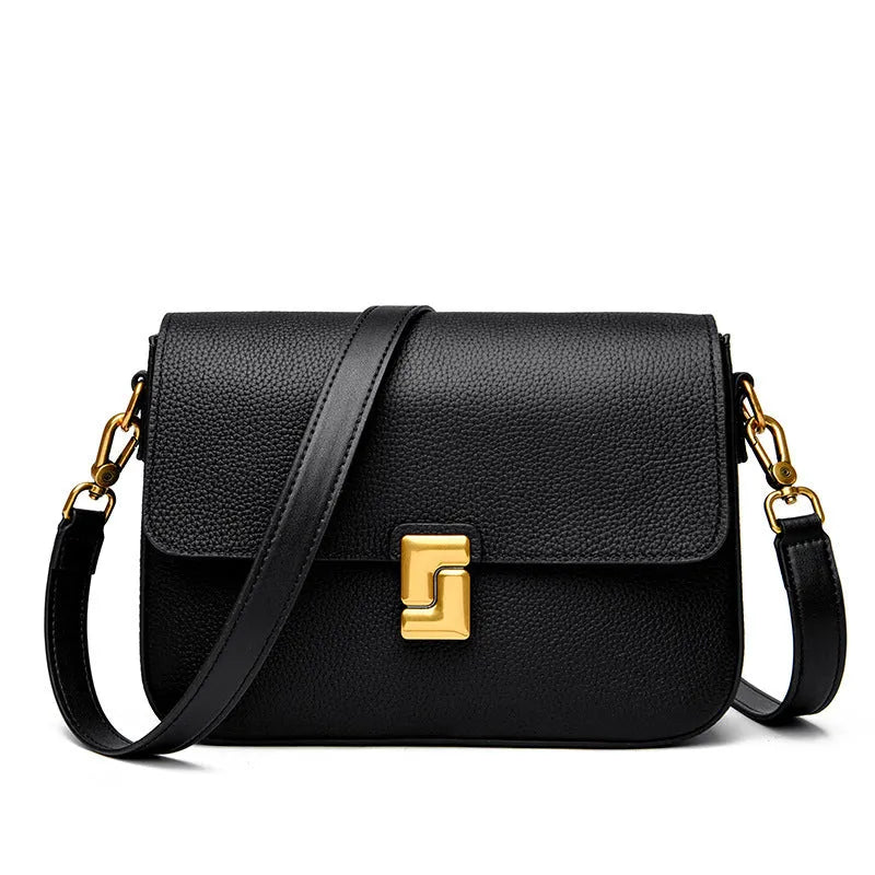Women's genuine cowhide leather messenger retro shoulder bag in horizontal square shape, 24x7x19cm, available in black