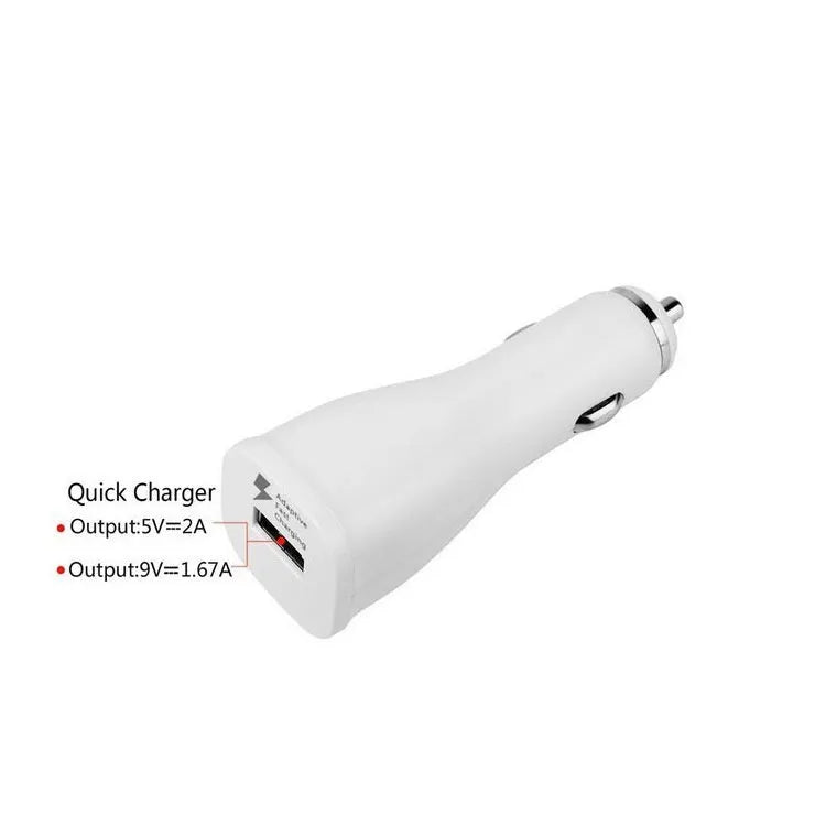 White QC30 car fast charger with single USB port and QC2.0 certification for vehicle use