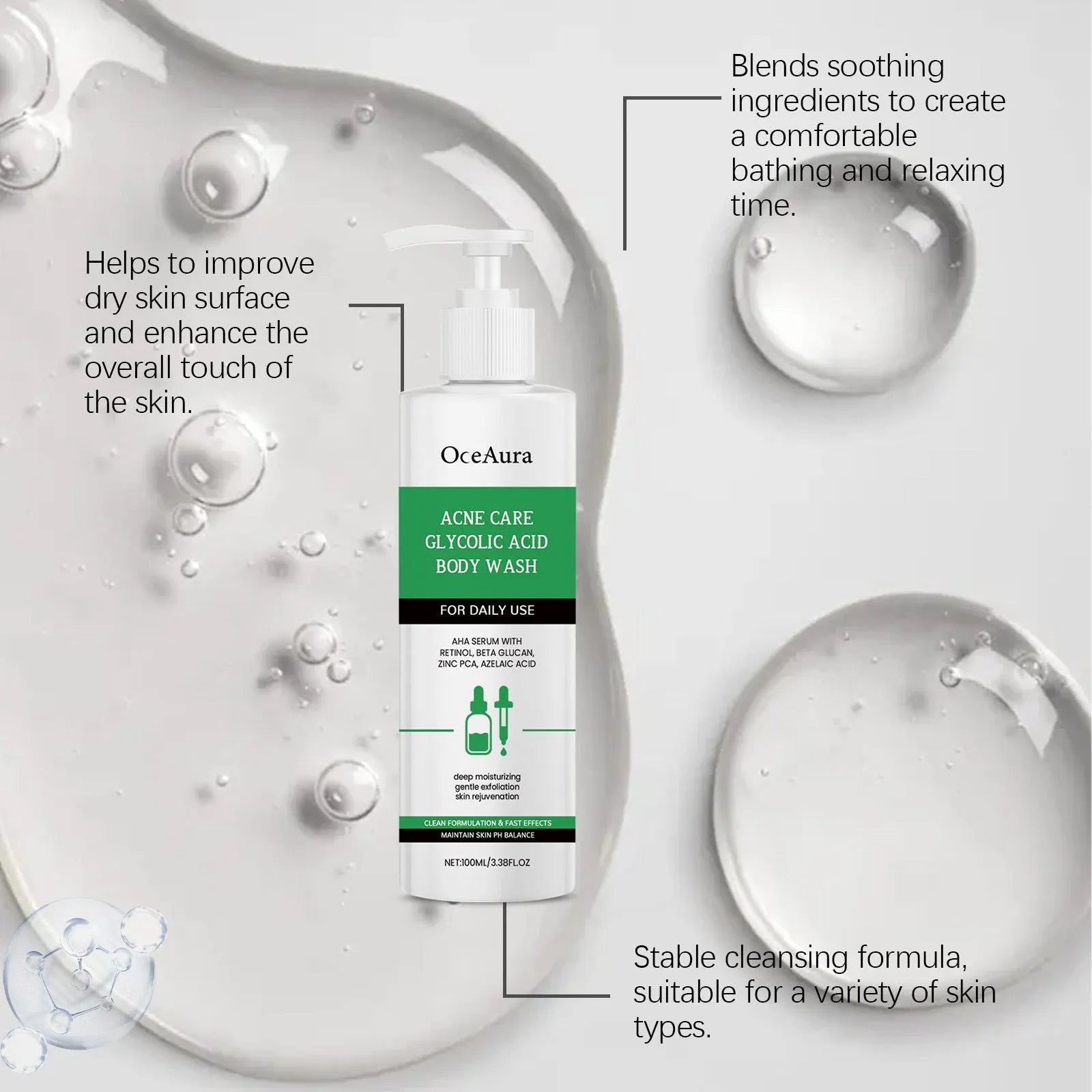 Soothing and moisturising shower gel with retinol and azelaic acid in a 100ml white bottle